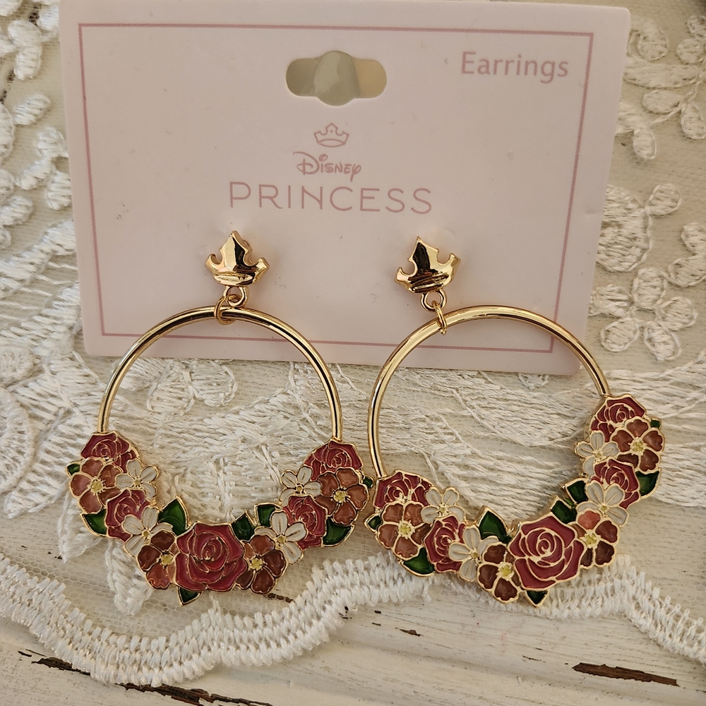 Disney Princess Aurora Gold-Tone Hoop Earrings with Floral Accents